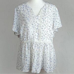 BLOOMCHIC Womens Size 16 Floral Tunic Top Blouse White Blue
